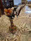 Vintage Chinese Cloisonn   Vase Gemstones Stones  Flowers Metal Enamel Birds Pair