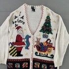 Vtg Santa Claus Teddy Bear Tree Ugly Christmas Xmas Knit Cardigan Sweater-m-0819