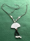 White Jade Carved Fan Pendant Necklace Handmade Beads Asian Style 15    Adjustable