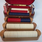 Vintage Leather Poker Chip Set Case With Bicycle Playing Cards   Wooden Trays