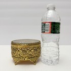 Vintage Gold Filigree Ormolu Beveled Glass Oval Jewelry Casket Trinket Box