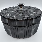 Art Deco Glass Powder Trinket Dresser Jar Vintage 30s Black Amethyst Ribbed Lid