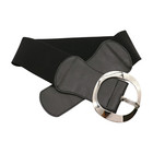 Women Black Faux Leather Wide Elastic Fashion Belt Silver Round Metal Buckle S