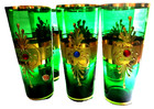Set Of 6 Beautiful Trefouchi Murano Italy Green Glass Glasses  Gold   Rhinestone