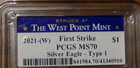 2021  w  American Silver Eagle Pcgs Ms70 Fdoi Type 1 Coin In West Point Holder