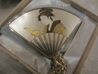 Vintage Fan Shaped Compact Mirror By Ykk- Japanese Geisha Original Box Mint Cond