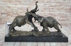 Elephant Battle Bronze Statue Marble Base Sculpture Figurine Wildlife Animal Art