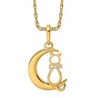 14k Solid Yellow Gold Cz Cat Moon Necklace