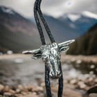 Cool Vtg Bull Steer Pewter Bolo Tie Leather Cord  Western Unmarked 