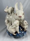 Majolica Crazed Ceramic Pottery Momma Rabbit With Her Four Bunnies Large 10   