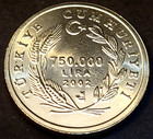 Turkey T  rkiye 2002 750 000 Lira -  fao  Angora Ram - Animal Coin Goat Unc