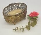 Vintage Ormolu Filigree Oval Jewelry Trinket Box casket With Beveled Glass