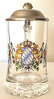 Vintage German Glass Beer Stein Pewter Lid Bavarian Coat Of Arms Lions Flags