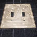 Vtg Etched Sailboat Brass Metal Patina  Double Light Switch Plate Cover Nautical