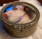 Antique Late 19th Century French Gilt Brass Box W Porcelain Miniature Portrait 