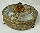 Vintage Ormolu Filigree Lidded Vanity Powder Box W  Glass Insert  Bon Bon Jar