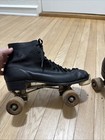 Vintage Black Leather Roller Skates Chicago Skate Co  Wood Wheels Size 7
