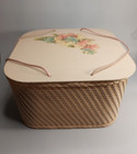 Vintage Pink Woven Wicker Square Sewing Basket Box Floral Decals Grannycore