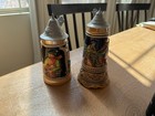 Vintage German Beer Stein Lot 2 Lidded Relief Bier Lieb Lied Germany Pewter Styl