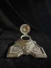 Antique Cast Brass Triangular Inkwell Ram Head Hinged Lid No Glass Insert