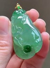 18k Yellow Gold Natural Grade A  Icy Green Jadeite Jade Ruyi Pendant 0630