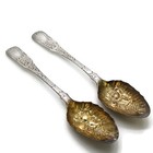 Pair Antique Danish Silver Fruit Berry Serving Spoons Gilt Vermeil Three Towers