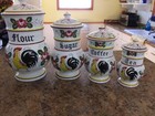Royal Sealy Japan Roosters   Roses 4 Canister Set  Flour Sugar Coffee Tea Vg 