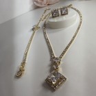 Gold Tone Clear Square Crystal Pendant Jewelry Set Necklace Bracelet Earrings