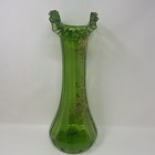 Vintage Harrach Glass Antique Green Ruffle Vase Art Nouveau Gold Gilt Bohemian