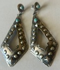 Signed Navajo Sterling Silver Turquoise Repousse Dangle Post Earrings 