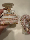 Vintage Lefton Figurine  Bloomer Girls White Pink Dress Gold Set Of 2 1950s