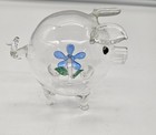 Vintage Hand Blown Clear Glass Pig Figurine With Internal Blue Flower 3 Inch