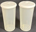 Vintage Tupperware One Touch Salt   Pepper Shaker Set sheer W white Seals Nos