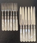 Glorious Set 12 Antique English Sterling Silver Mother Pearl Fruit Eaters 5 5 7   