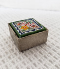 Vintage Small Italian Silvertone Micro Mosaic Floral Pill Box 1  Stamped Italy