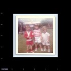 Old Vintage Square Color Photo Boys Girl In Yard Outside House Snapshot Pic
