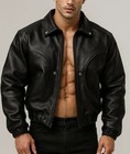 Men s Black Leather Bomber Jacket Classic Zip Up Casual Vintage Biker Coat