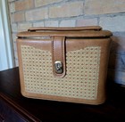 Tan Leather Luggage Train Case 8 25  W Cane Web Front Latch Pockets   Mirror Vtg