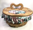Vintage Bushel Sewing Basket Wooden Flip Top Heart Wood Handle Fabric Large 15 