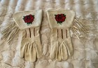 Vintage Leather Beaded Gauntlet Gloves Western Fringe Rose Embroidery