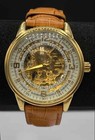 Akribos Xxiv Ak410yg-a Men s Automatic Skeleton Dial Gold Tone Leather Watch