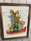 Vintage Noah s Ark Folk Art Framed Nursery Decor  49608 Animals Embroidered 
