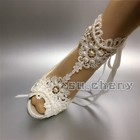 Su cheny Heel White Ivory Satin Open Toe Pearl Ribbon Ankle Wedding Bridal Shoes