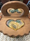 Vintage Wooden Heart Lidded Lined Sewing Picnic Basket  Leather Hinges 