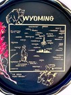 Vintage Wyoming State Souvenir Tray Black Gold  Map Floral 11    Mcm Metal
