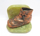 1930 s Bronzed Baby s Shoe On Green Alabaster Bookend
