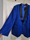 Mage Male Men Blue Tuxedo Jacket Satin Peak Lapel 1 Button Blazer Formal Prom Lg