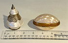 Vintage Set Of 2 Mother Of Pearl And Shell Trinket Snuff Pill Box Ornate Brass