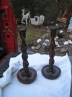Antique English  Oak  Barley Twist Candlesticks 11 3 4   Closed Twist Brass Tops