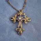 Gold Tone Oval Link Chain Necklace W  Multicolor Crystal Cross Pendant